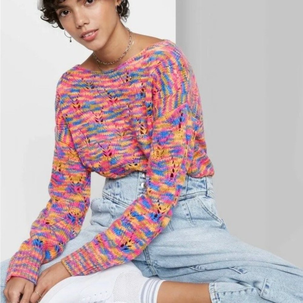 WILD FABLE Rainbow Boat Neck Pointelle Knit Pullover Sweater NWT